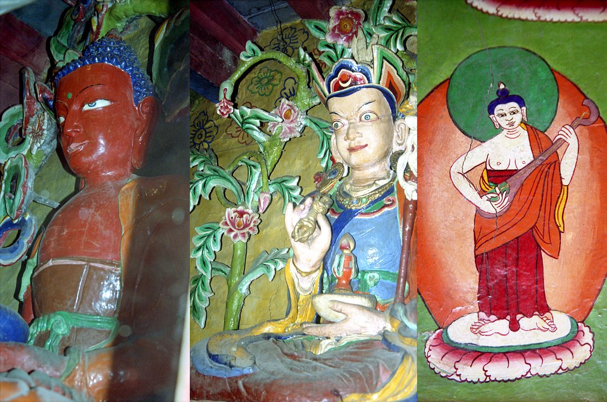 107 Marpha Gompa - Amitabha And Padmasambhava Statues, Guitar Playing Buddha Painting There were three statues behind the glass at the Marpha Gompa: on the left Avalokiteshvara (not shown), in the centre red Amitabha, on the right Padmasambhava. There are many paintings on the wall, including a guitar playing Buddha.